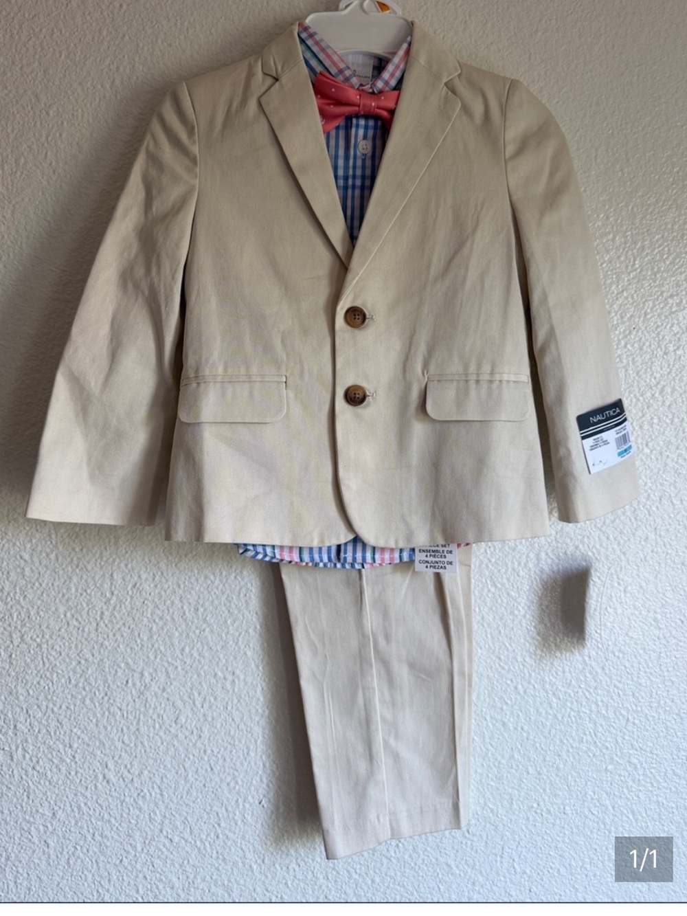 Nautica Cream Boys' 4-Piece Suit with Coral Bow Tie